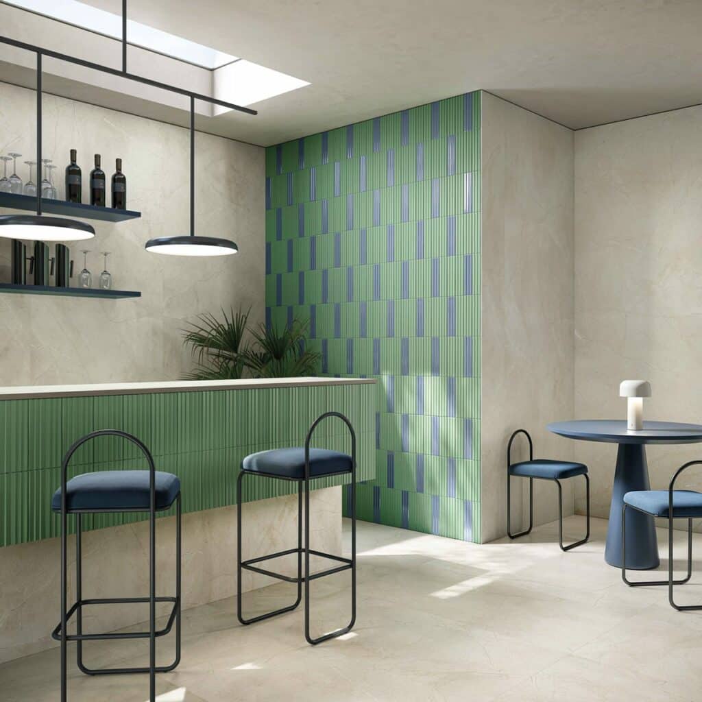 Flaviker Fliesenkollektion Flow in den kombinierten Farbtönen Mint und Ocean