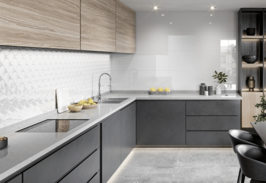anthrazit farbige Küche mit weißen Steingutfliesen der Serie Superwithe von Kerben