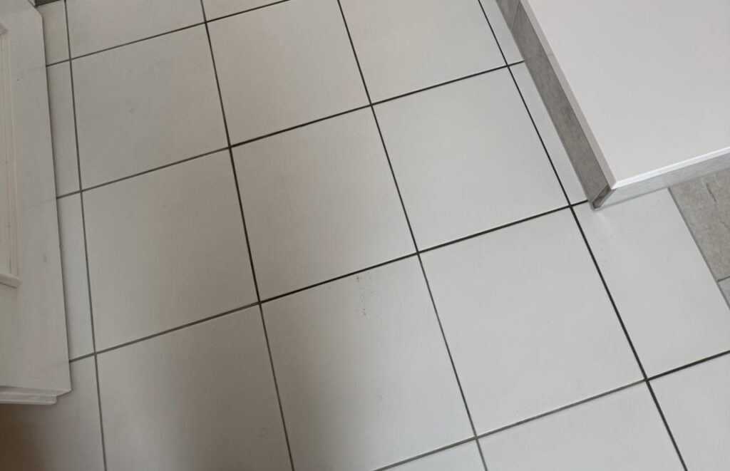 hier wurde ein weißer Fliesenbelag auf dem Boden dunkelgrau ausgefugt