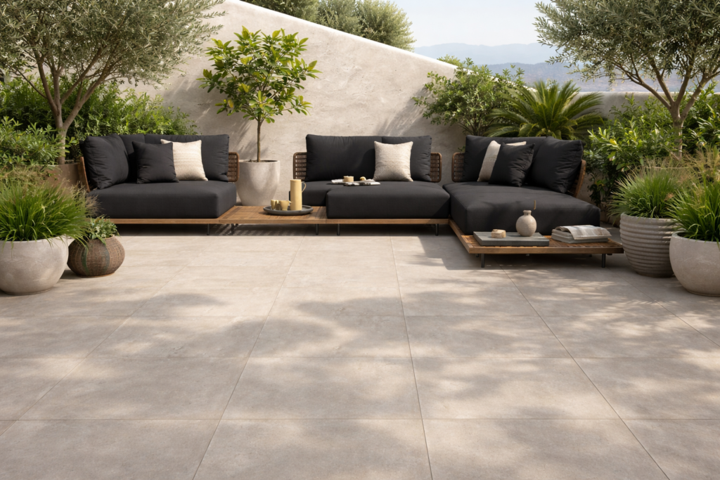 Terrasse mit schönen Loungemöbeln aus Holz mit schwarzen und weißen Kissen, dazu eine beige 60x60 Fliese auf dem Boden