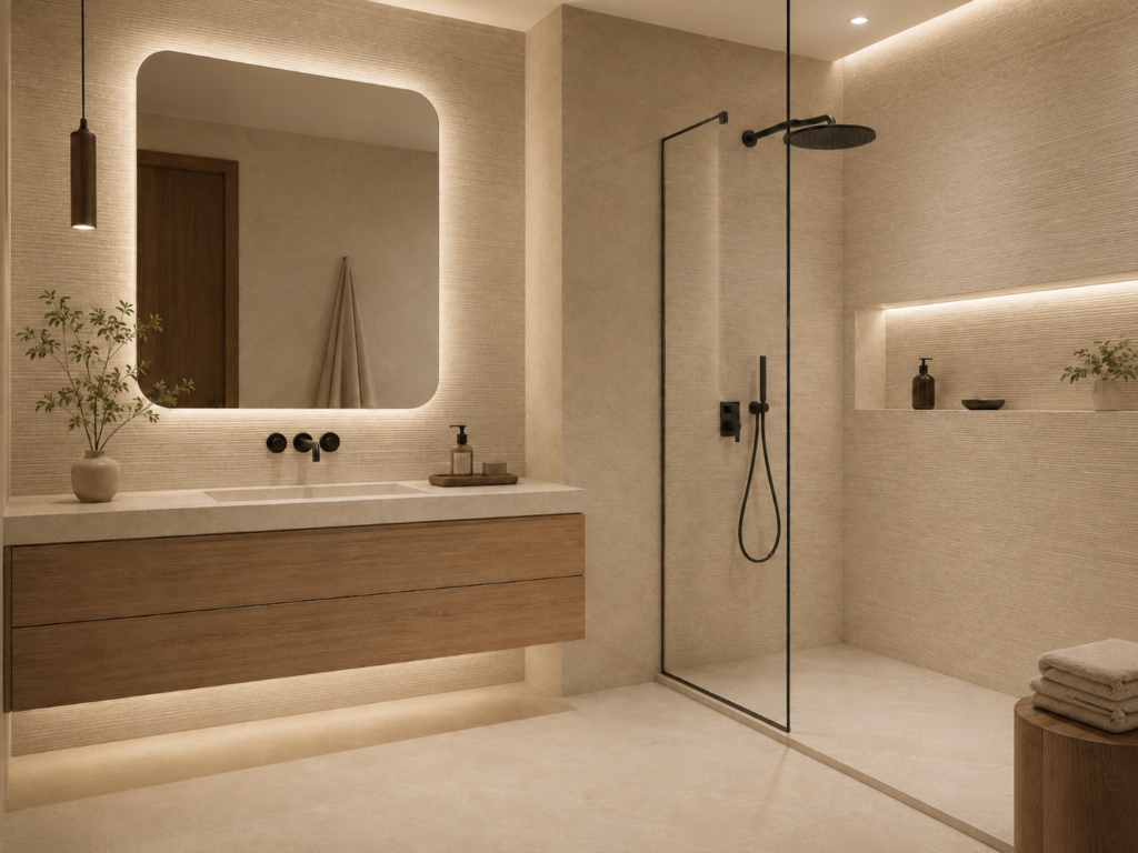 Badezimmer in Beige, dazu an der Duschwand und an der Waschtischwand ein passender Reliefdekor
