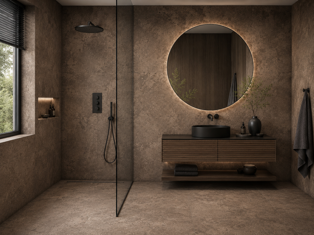 Badezimmer in Travertinoptik im Chocolatet-Ton, dazu schwarzes Sanitär