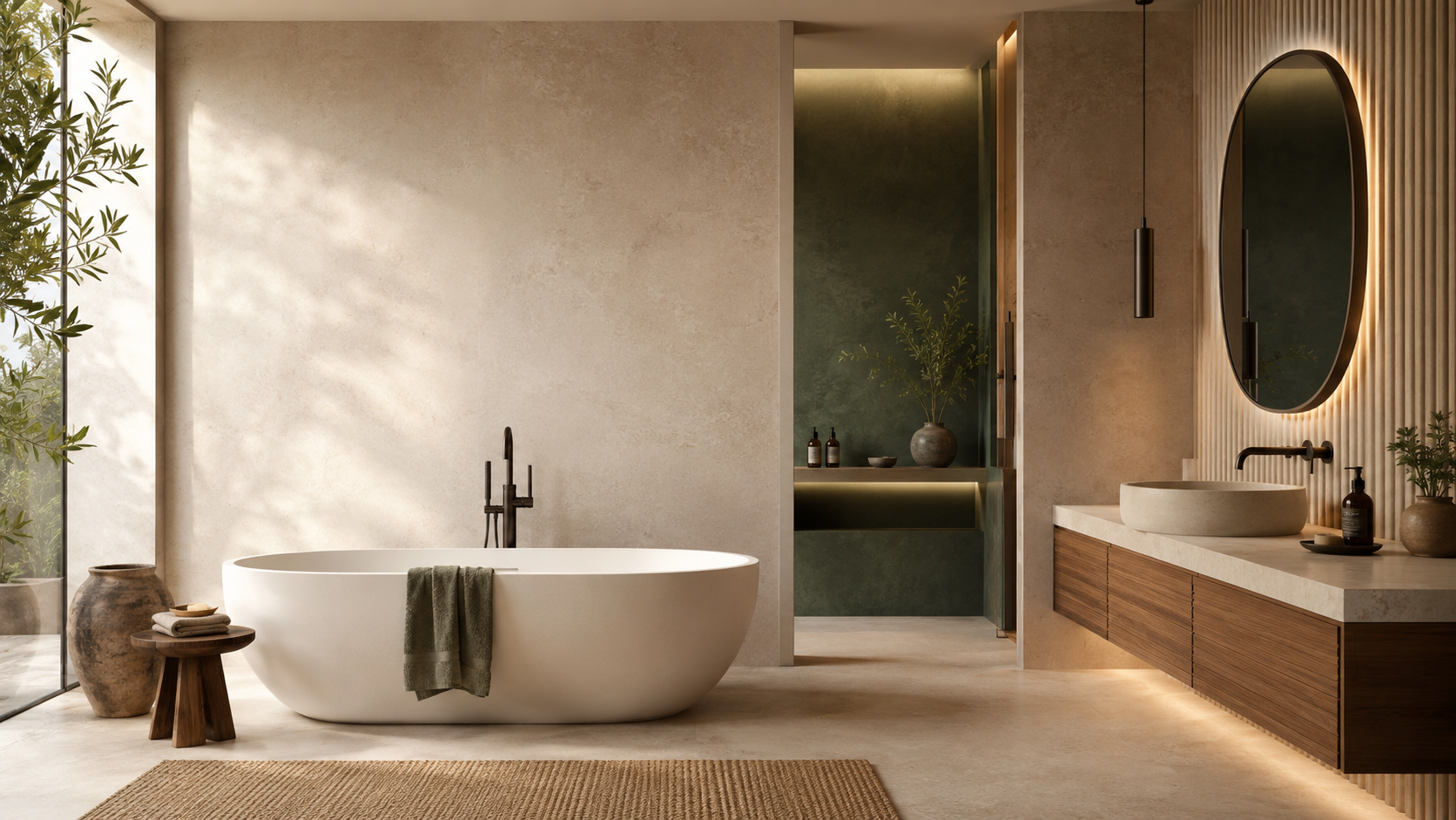 Badezimmer mit einer hellen Wandfliese und einem Eycather in der Dusche in Grün, dazu einen Holz-Waschtisch mit Aufsatzbecken in Creme