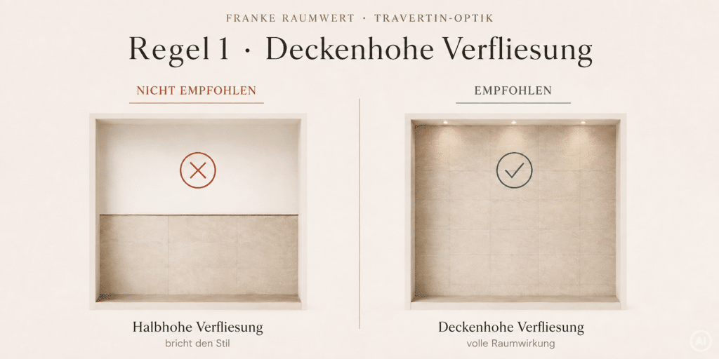 Regel 1 deckenhohe Verfliesung bei Travertinfliesen . Beispiel 1,20 m nicht empfohlen, deckenhoch empfohlen