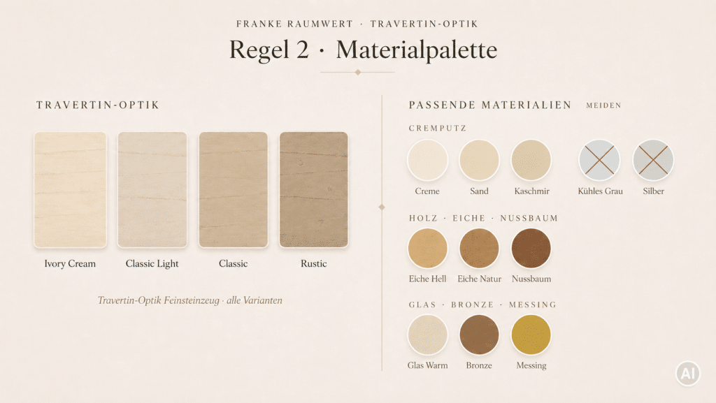 Regel 2 Farbpalette des Travertins mit der passenden Materialpalette an Putz, Holz und Metall