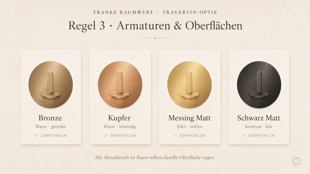 Regel 3 Armaturen Farben in Bronze, Kupfer, Messing und schwarz matt