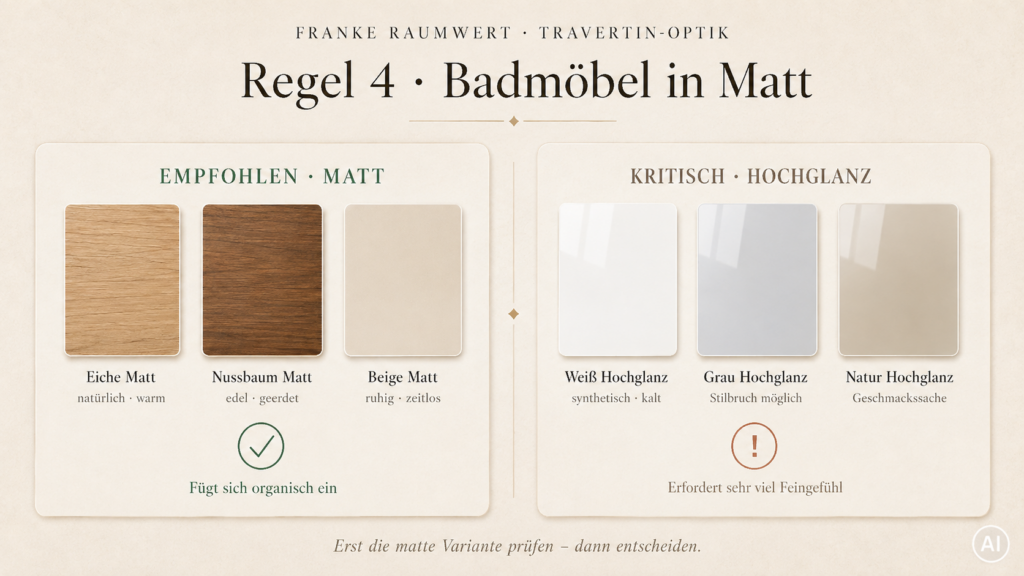 Regel 4. Badmöbel in matt. Empfohlen wird Eiche, Nussbaum und Beige matt. Nicht empfohlen wird Weiß, Grau und Naturfarben in Hochglanz