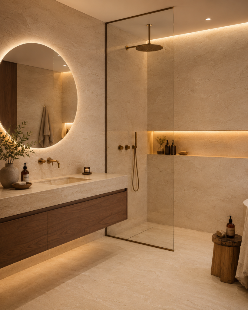 Fliese Unique Travertine cream in einem Bad mit Waschtisch und großer Walk-in-Dusche mit einer warmen Lichtausstrahlung