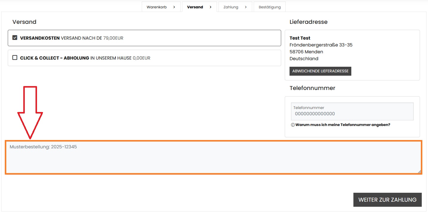Screenshot des Warenkorbs mit rotem Pfeil auf die Gutschein Sektion im oberen rechten Bereich
