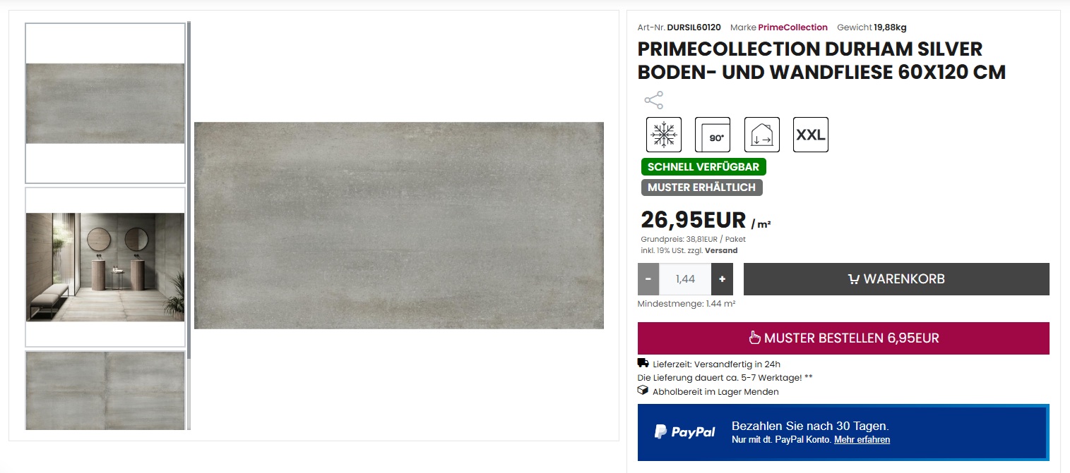 Screenshot einer Produktdetailseite aus dem Franke Raumwert Online Shop