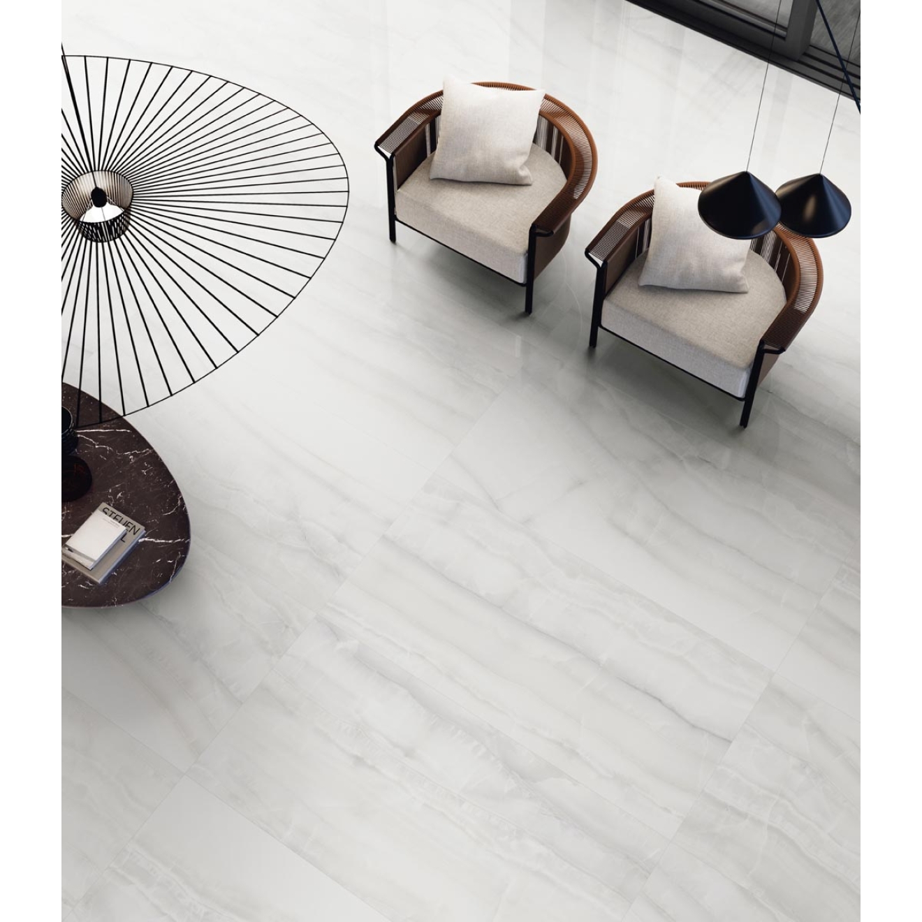 Fliese Sant Agostino Akoya in der Farbe Silver verlegt in einem Wohnzimmer