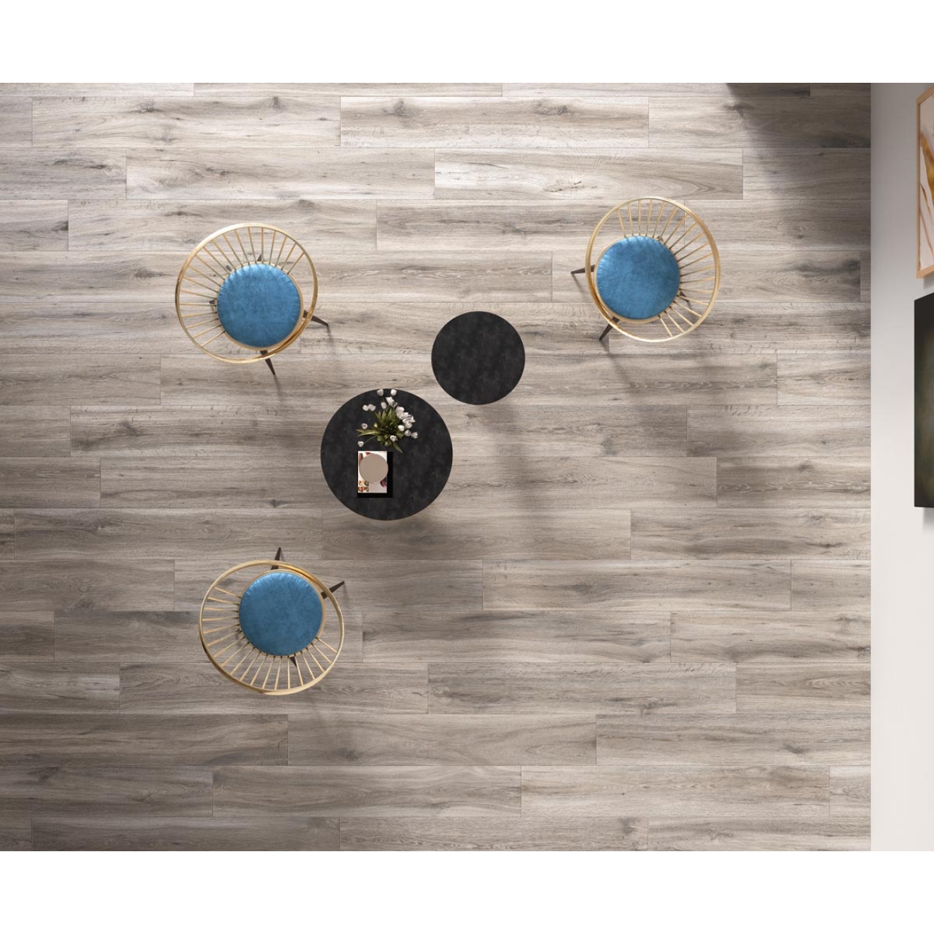 Fliese Sant Agostino Barkwood in der Farbe Ash verlegt in einem Wohnzimmer