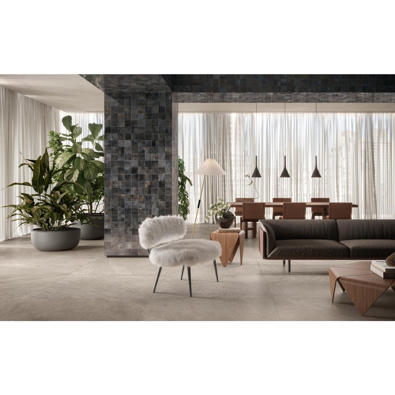 Fliese Sant Agostino Bergstone in der Farbe Sand verlegt in einem Wohnzimmer