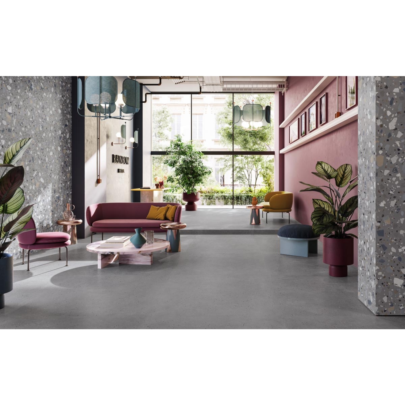 Fliese Sant Agostino Deconcrete in der Farbe De-Maxi Deco Grey verlegt in einer Hotelrezeption