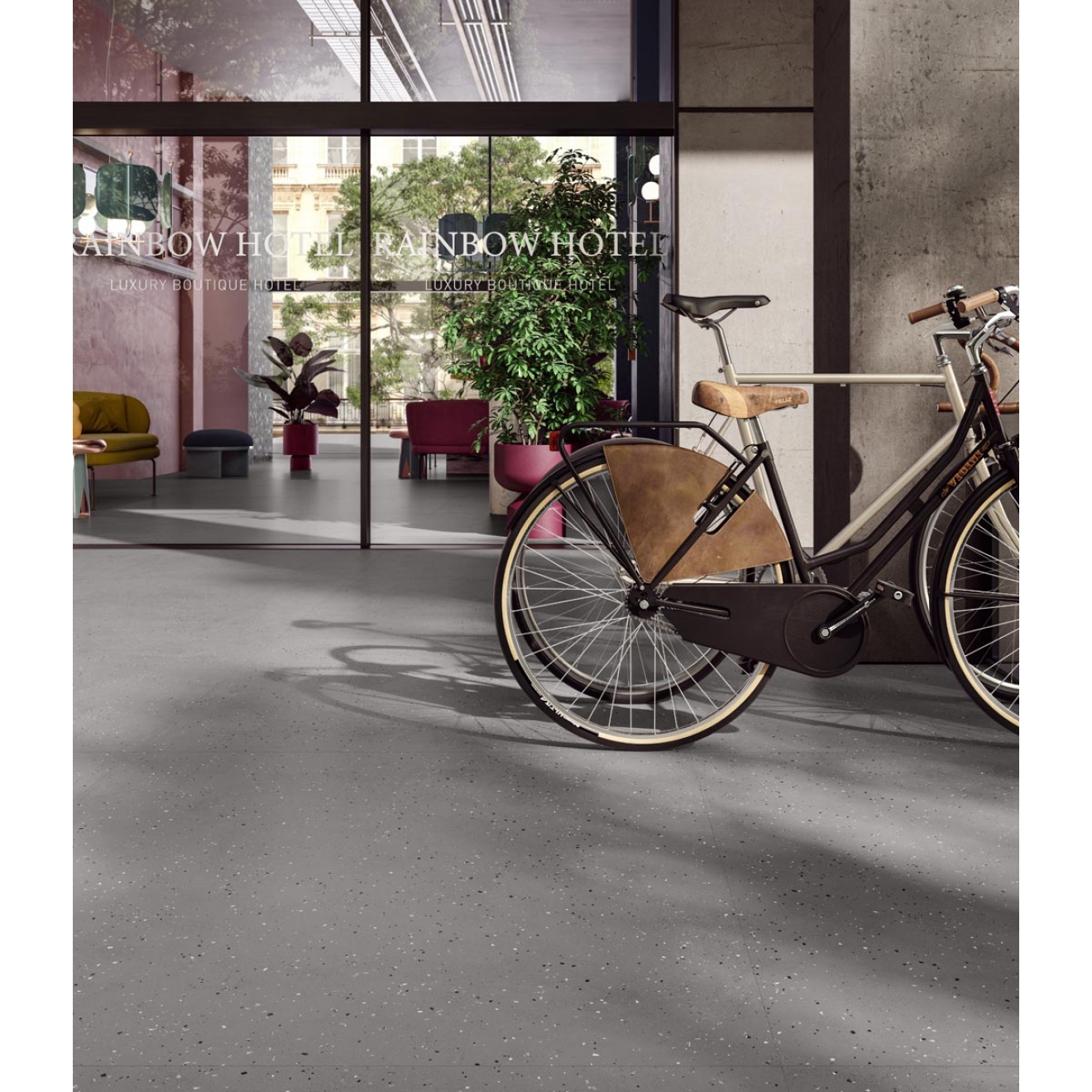 Fliese Sant Agostino Deconcrete in der Farbe De-Micro Grey verlegt an einem Hoteleingang