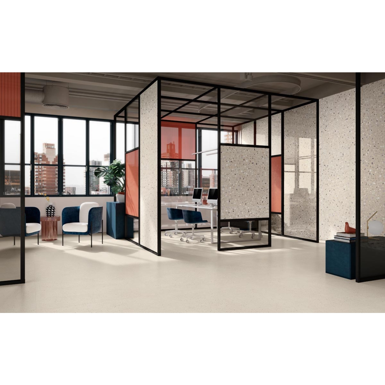 Fliese Sant Agostino Deconcrete in der Farbe De-Micro Sand verlegt in einem Büro