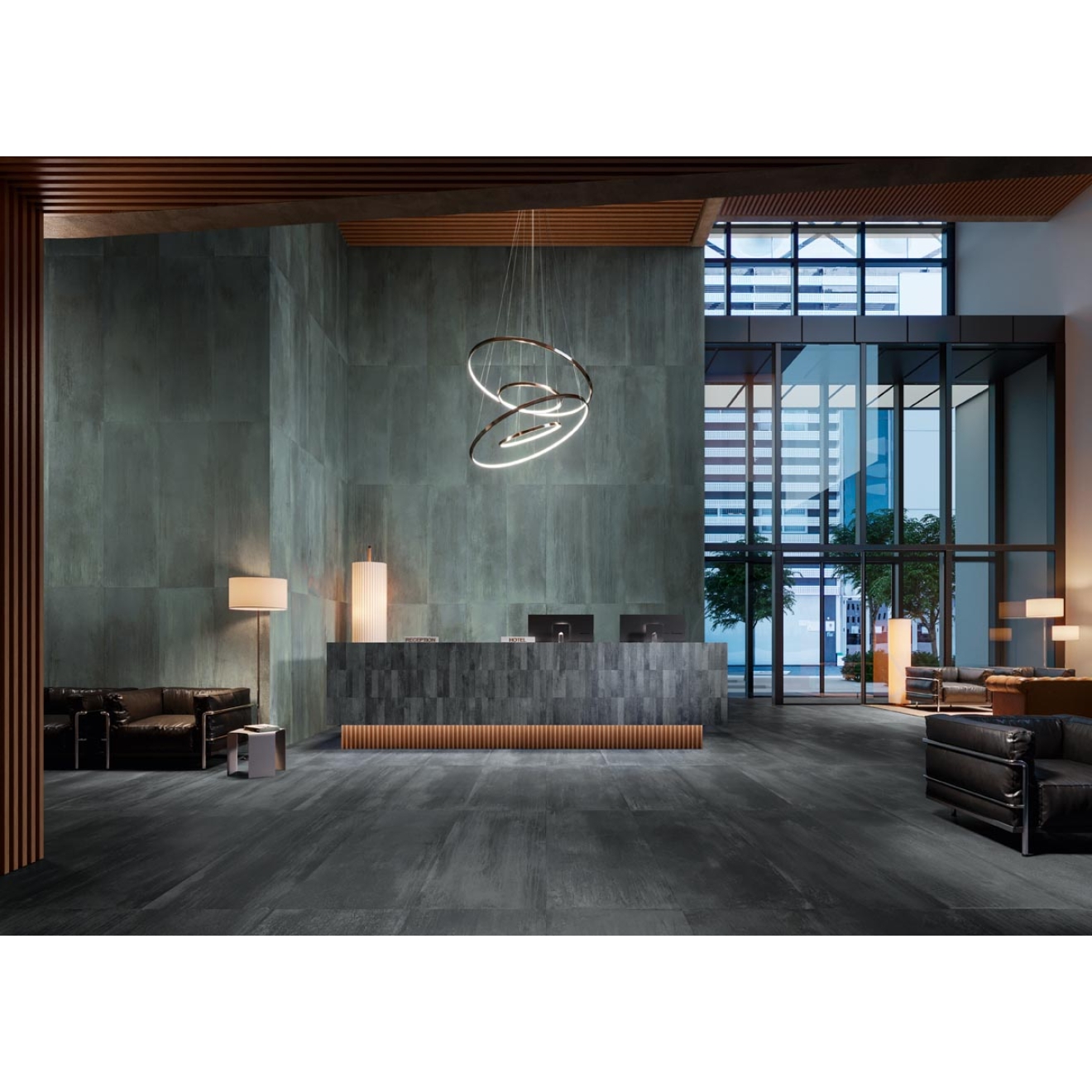 Fliese Sant Agostino Dripart in der Farbe Calamine verlegt in einem Hoteleingang