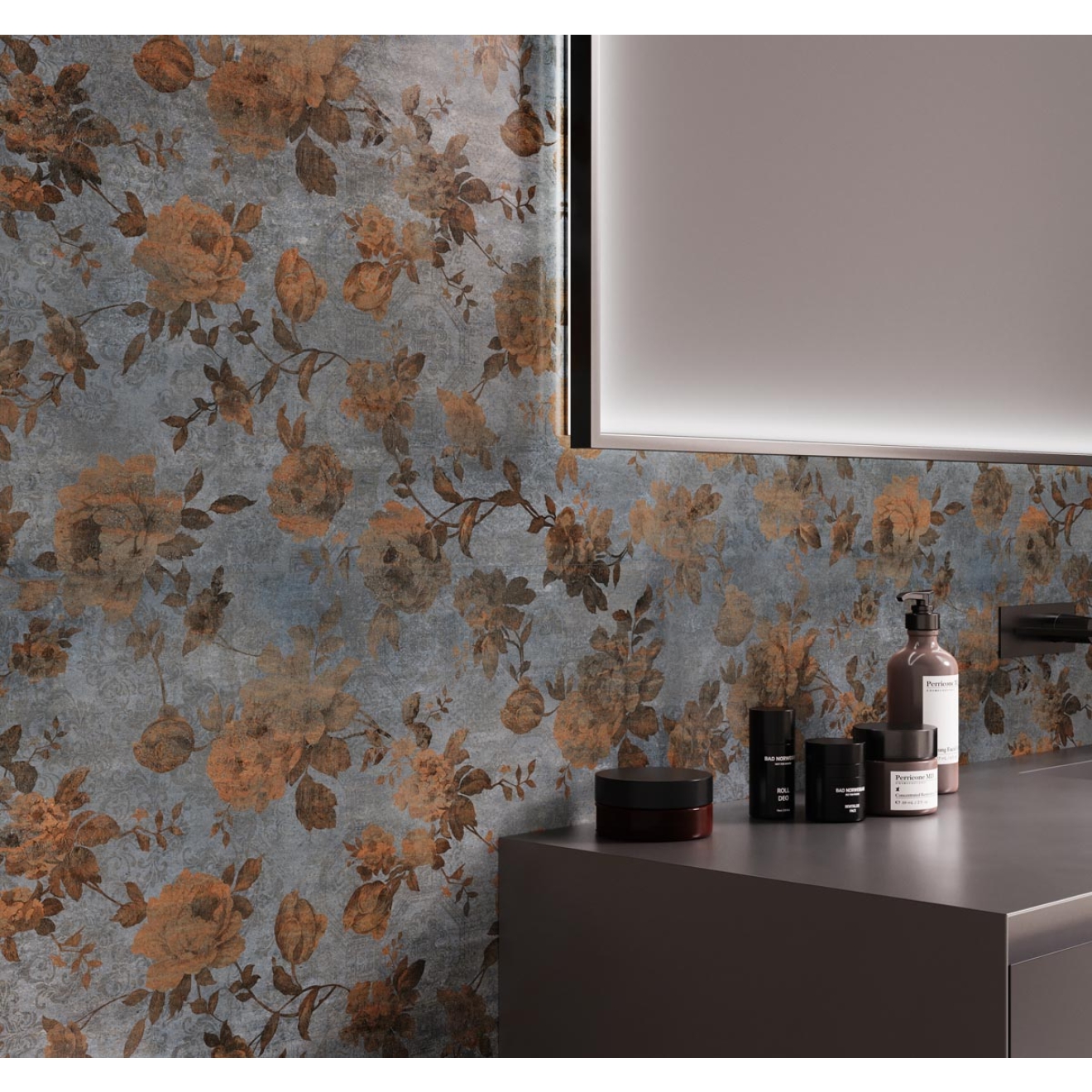 Dekor Sant Agostino Dripart in der Farbe Rose Dark verlegt an einem Waschbecken