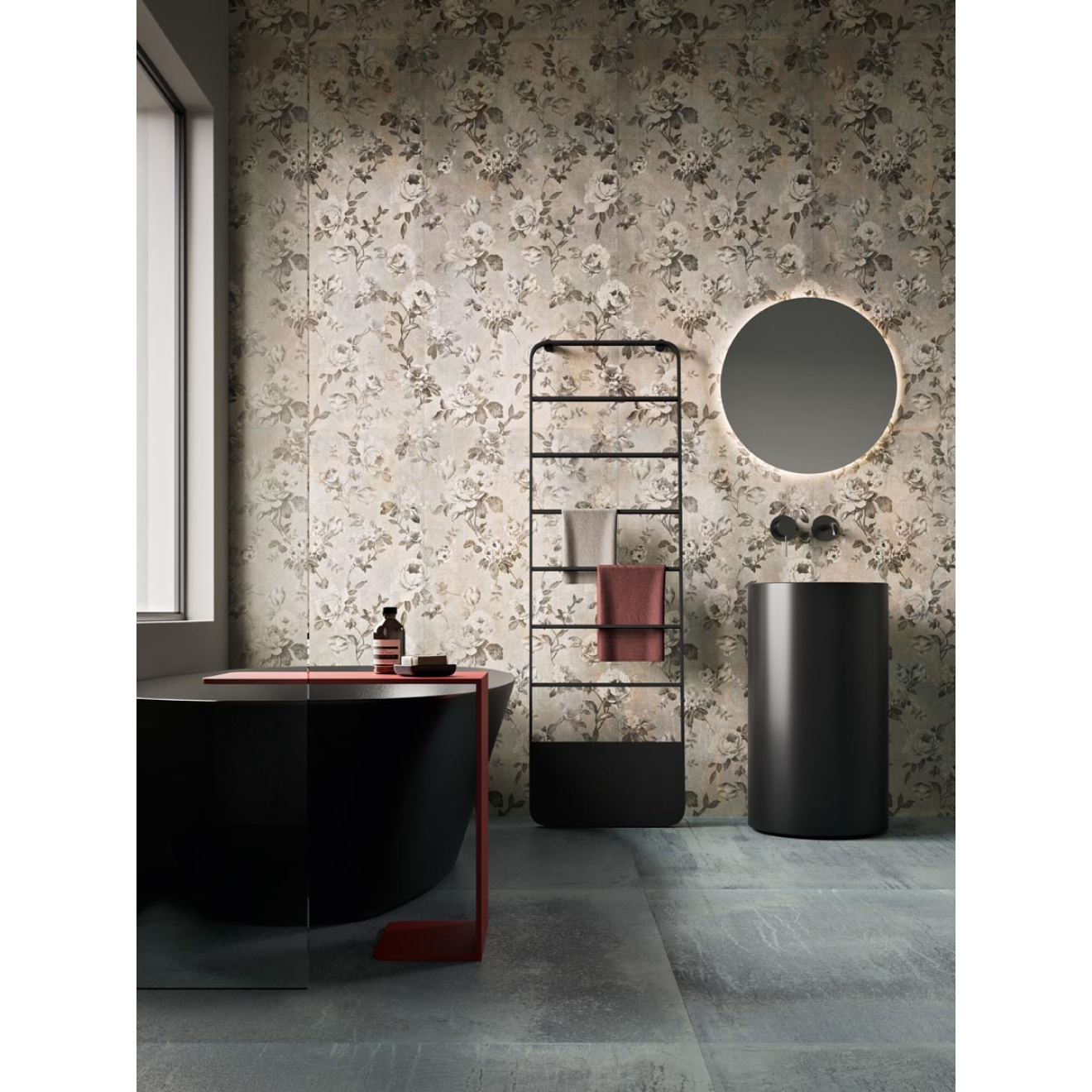 Fliese Sant Agostino Dripart in der Farbe Verdigris verlegt in einem Badezimmer