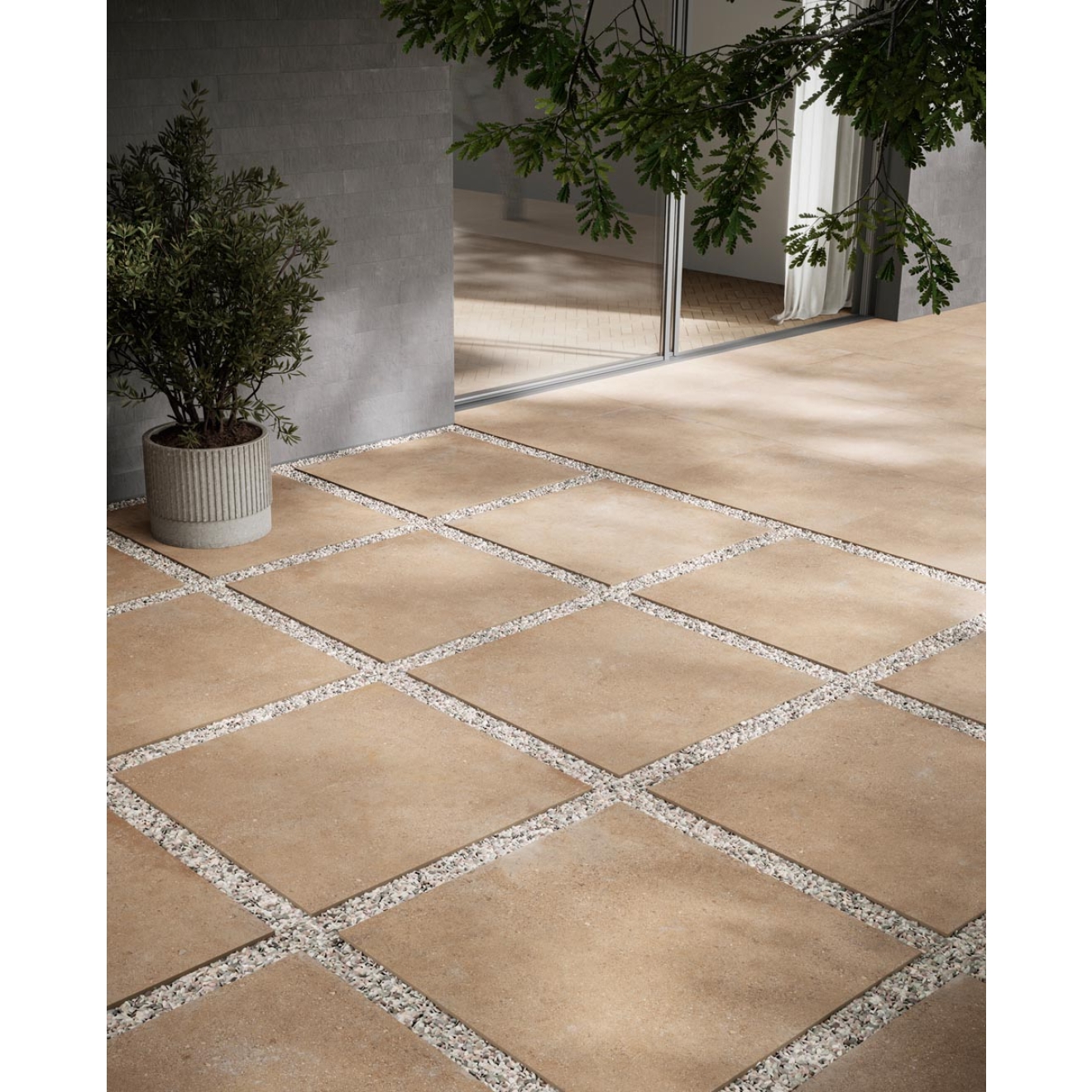 Fliese Sant Agostino Duo in der Farbe Back Caramel verlegt auf einer Terrasse