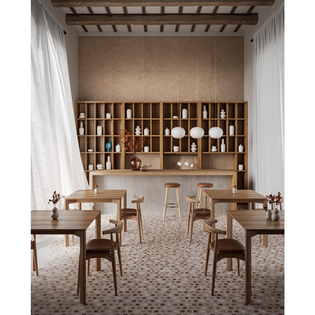 Fliese Sant Agostino Duo in der Farbe Front Cement verlegt in einem Restaurant