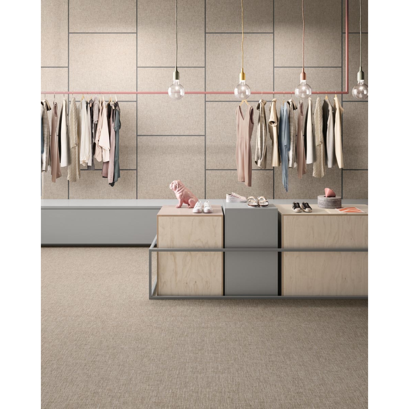 Fliese Sant Agostino Fineart in der Farbe Ecru verlegt in einem Kleidergeschäft