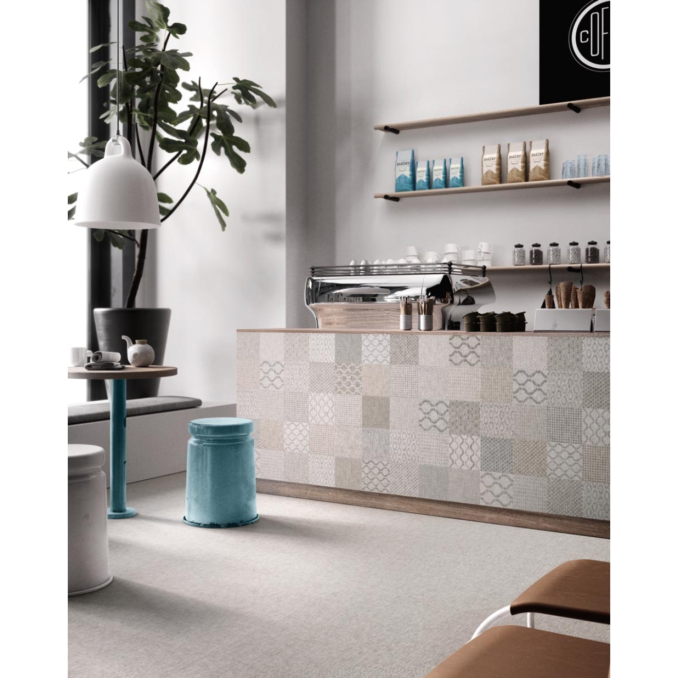 Fliese Sant Agostino Fineart in der Farbe Pearl verlegt in einem Café