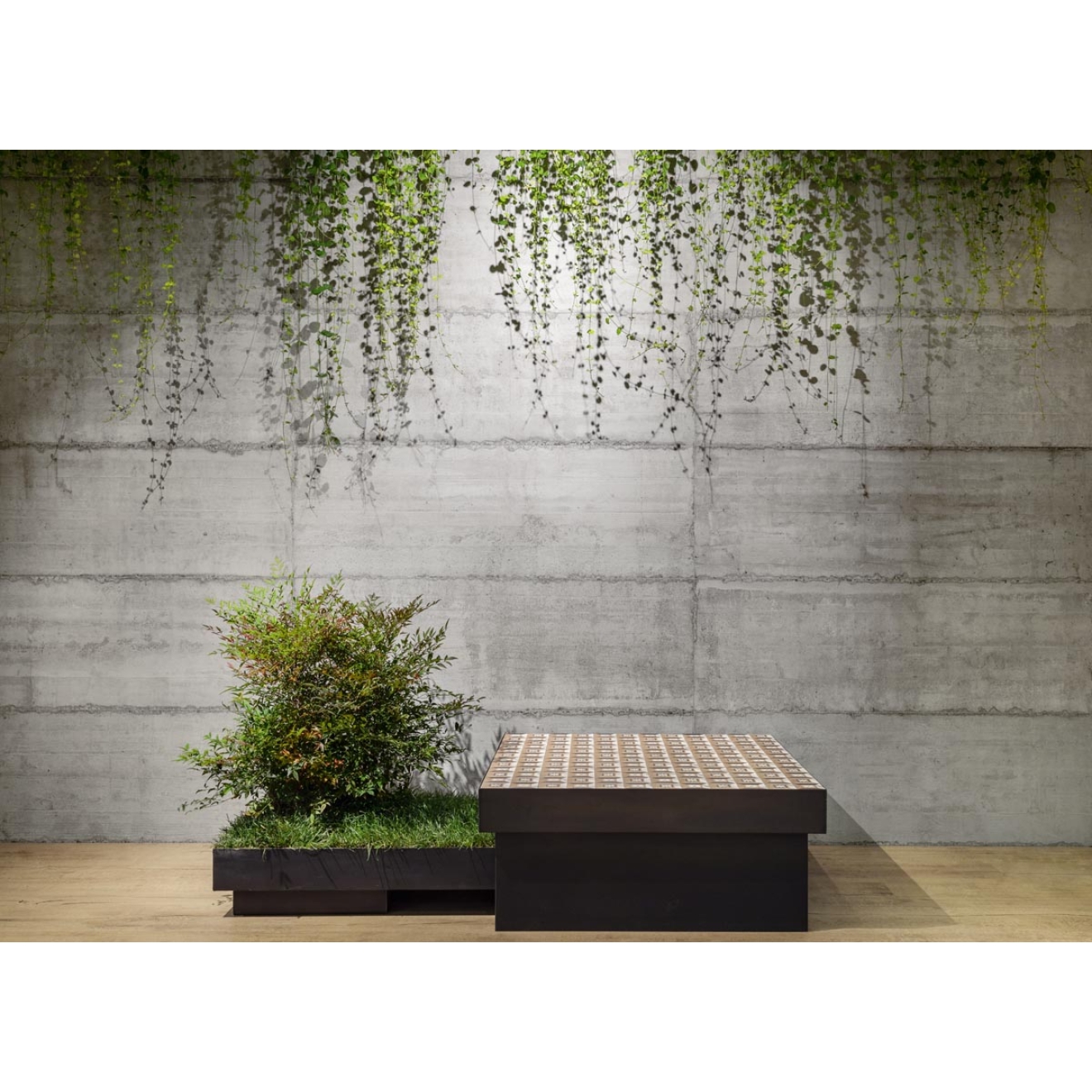 Fliese Sant Agostino Form in der Farbe Cement verlegt hinter einer Pflanze und einer Sitzmöglichkeit