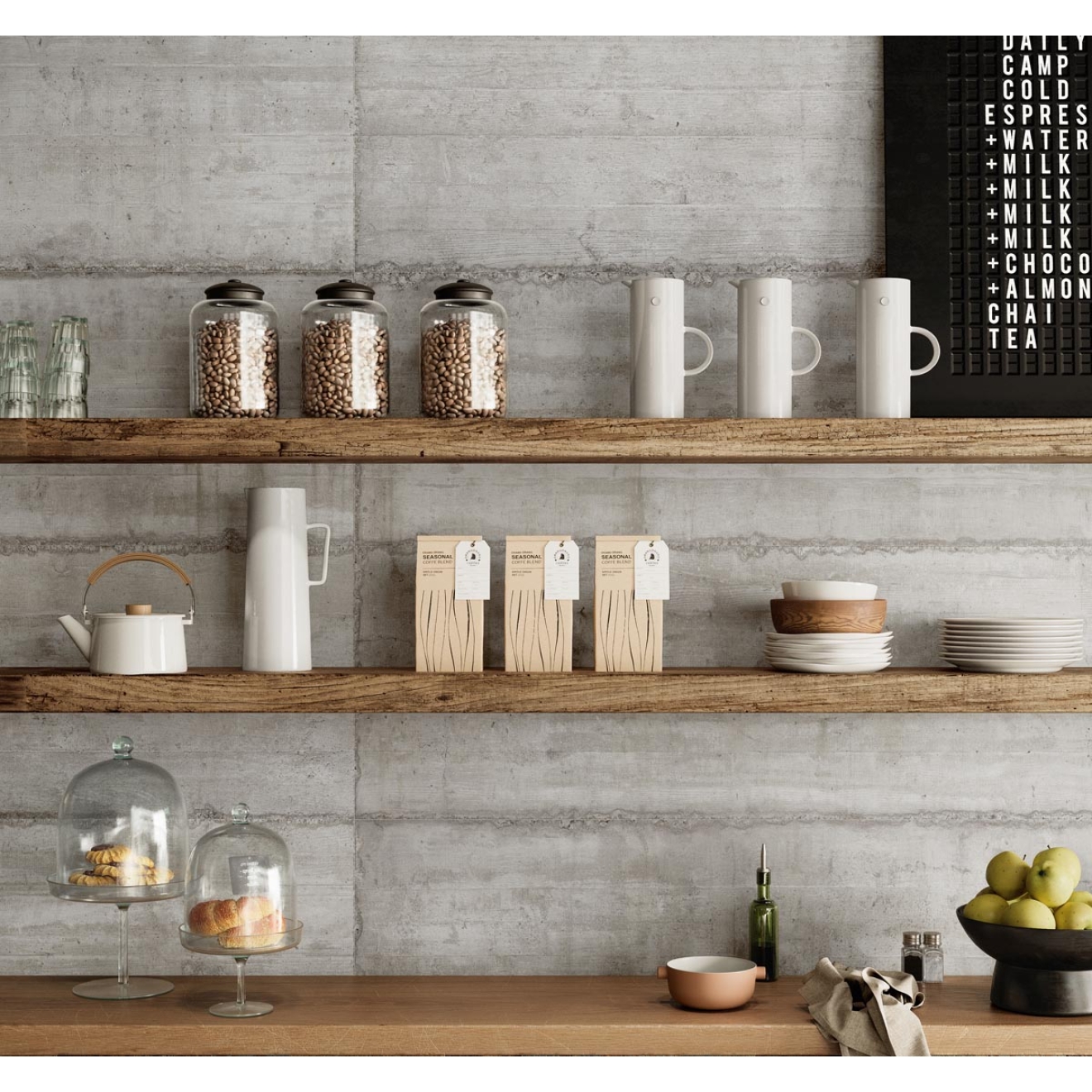 Fliese Sant Agostino Form in der Farbe Grey verlegt hinter einem Kaffeeregal