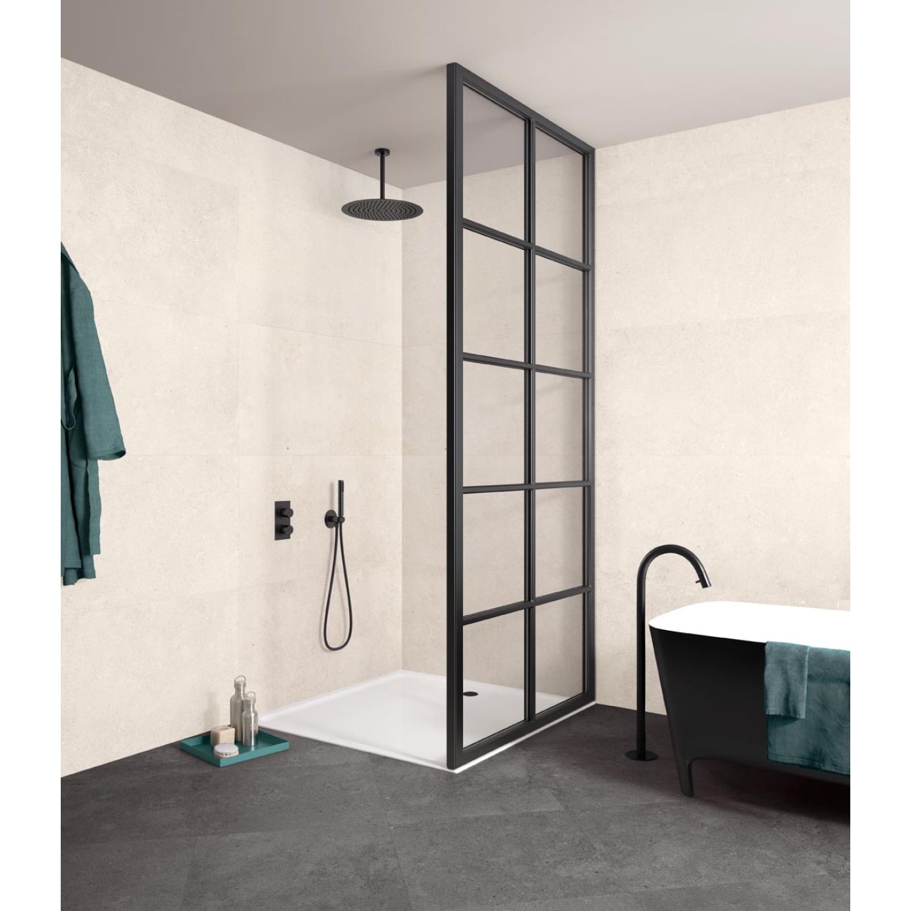 Fliese Sant Agostino Highstone in der Farbe Light verlegt in einem Badezimmer