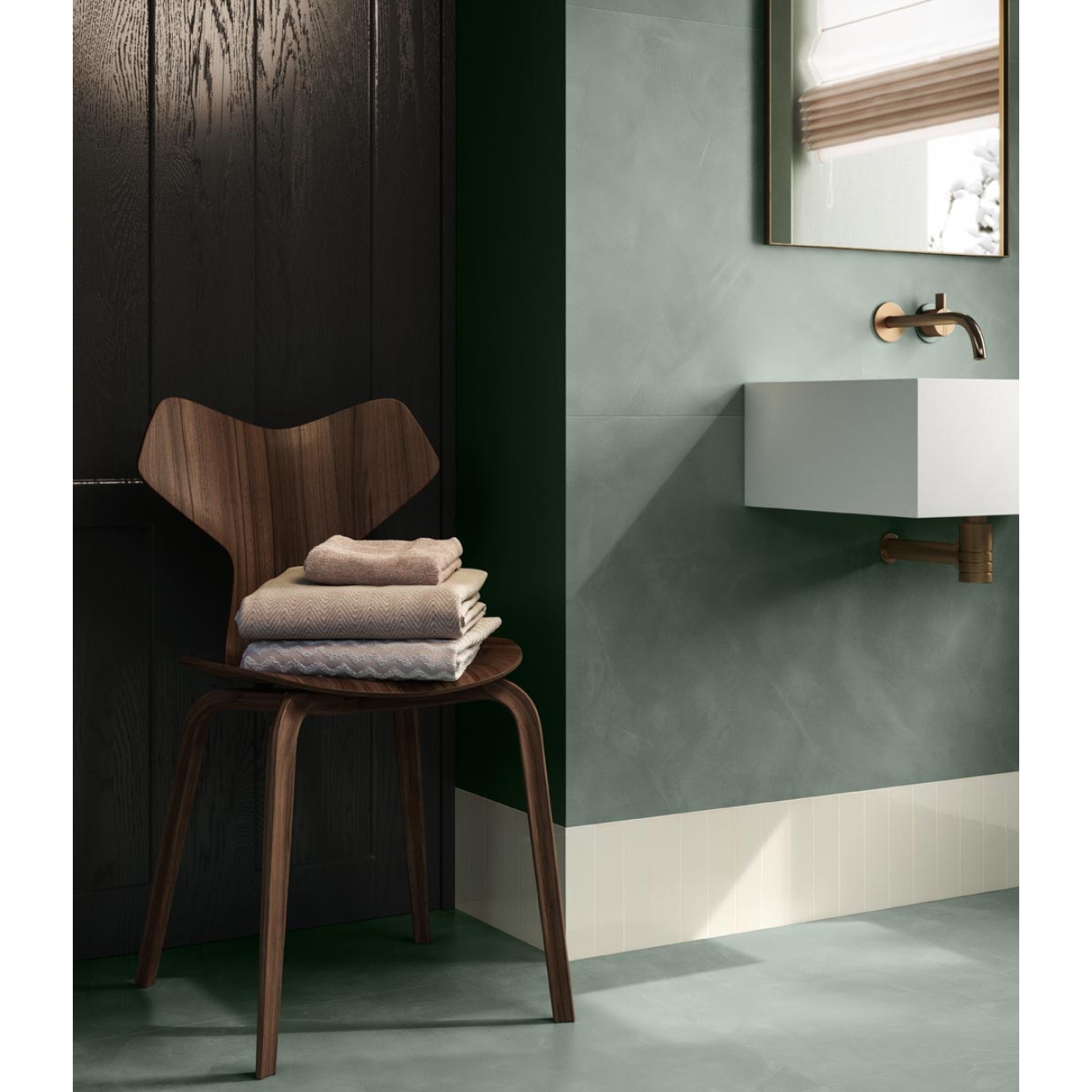 Fliese Sant Agostino Insideart Color in der Farbe Aloe verlegt an einem Waschbecken