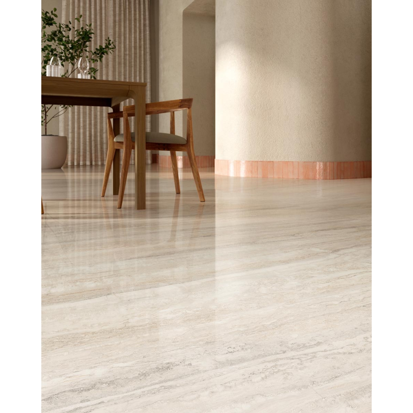 Fliese Sant Agostino Invictus in der Farbe Ivory verlegt unter einem Restauranttisch