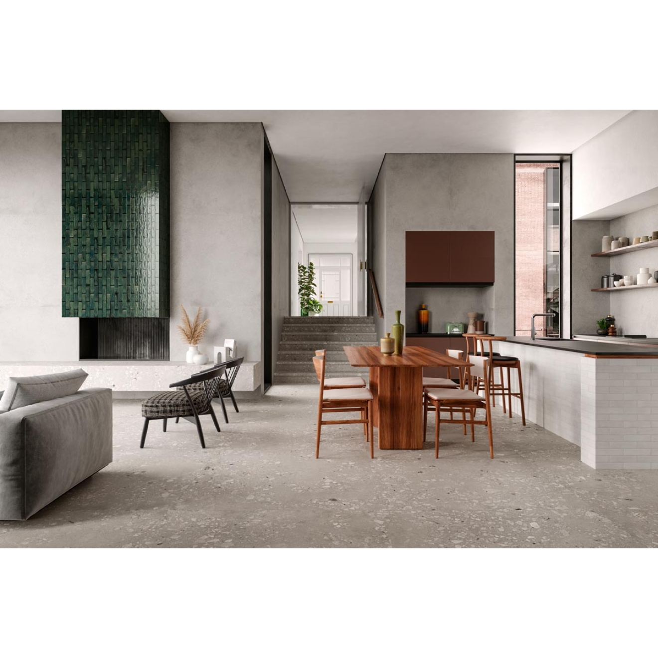 Fliese Sant Agostino Logico in der Farbe Cosmo Cement verlegt in einem Wohnzimmer