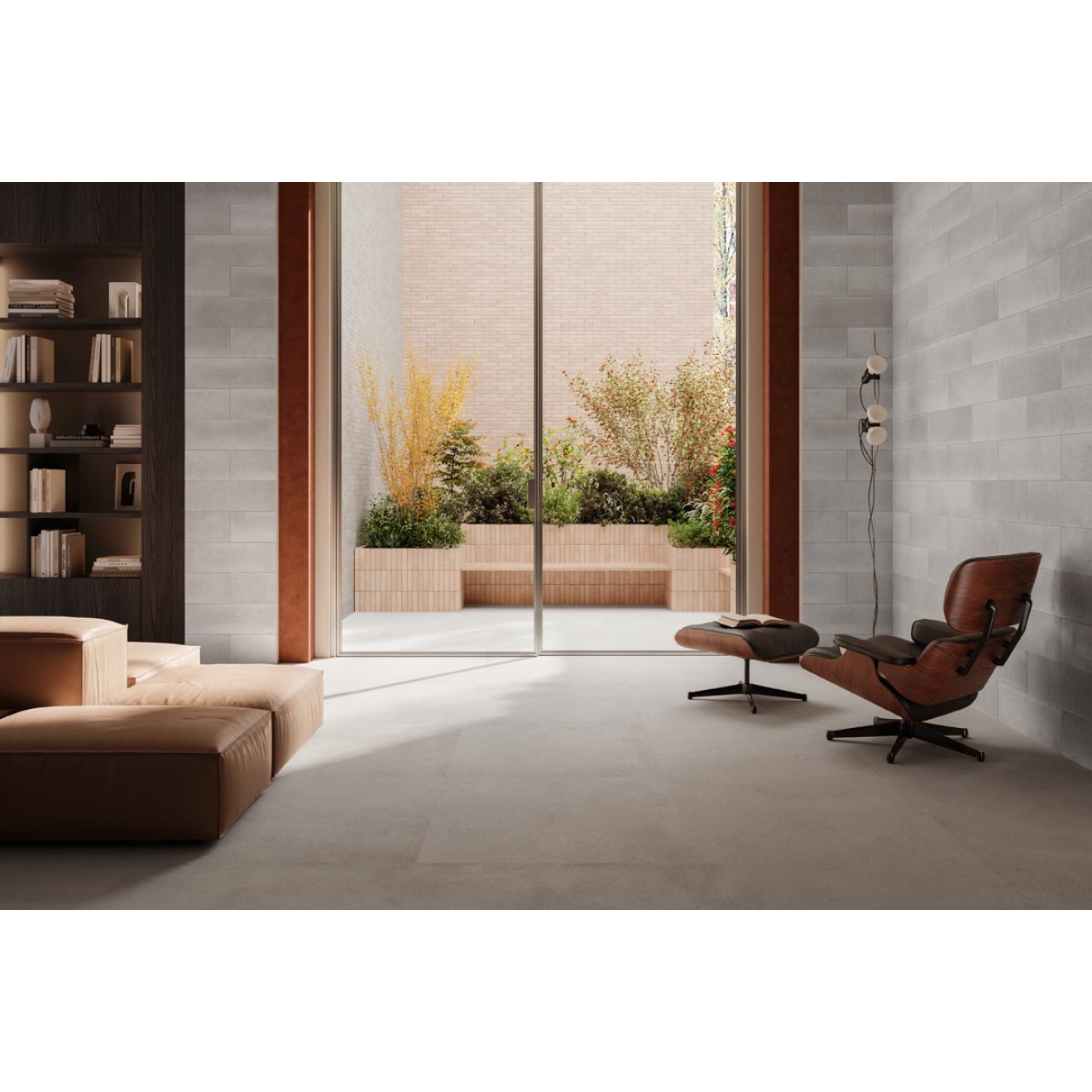 Fliese Sant Agostino Logico in der Farbe Pearl verlegt in einem Wohnzimmer