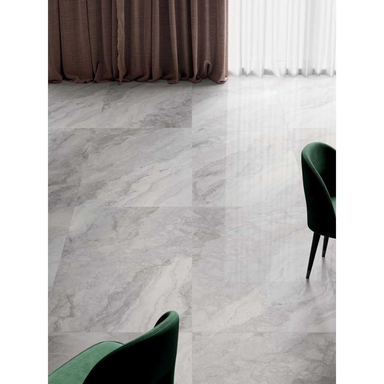 Fliese Sant Agostino in der Farbe Pearl verlegt unter zwei Stühlen