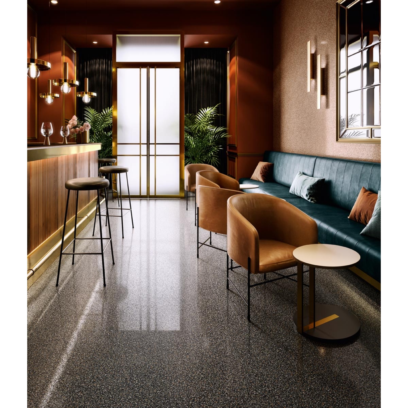 Fliese Sant Agostino Newdeco in der Farbe Dark verlegt in einem Café