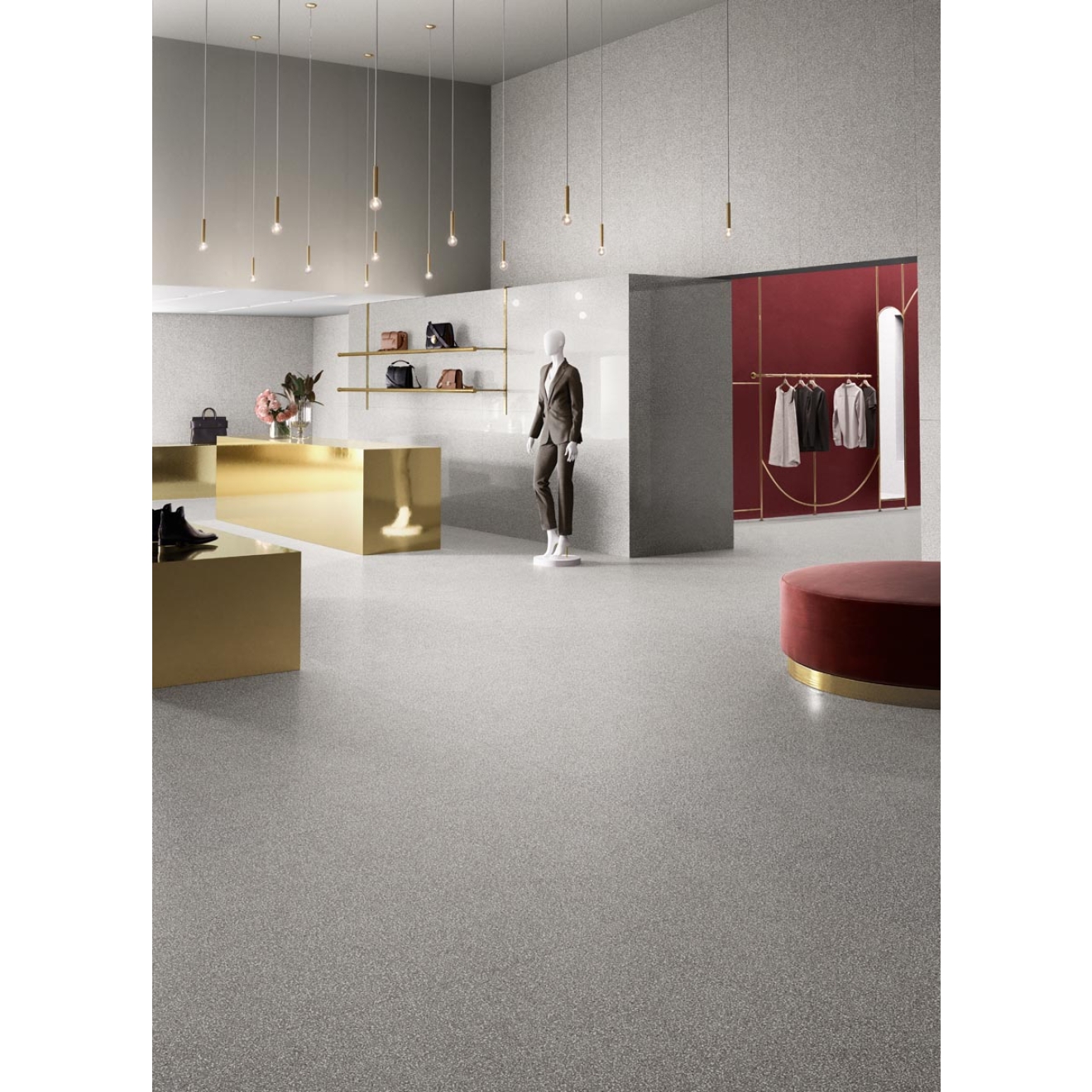 Fliese Sant Agostino Newdeco in der Farbe Grey verlegt in einem Showroom