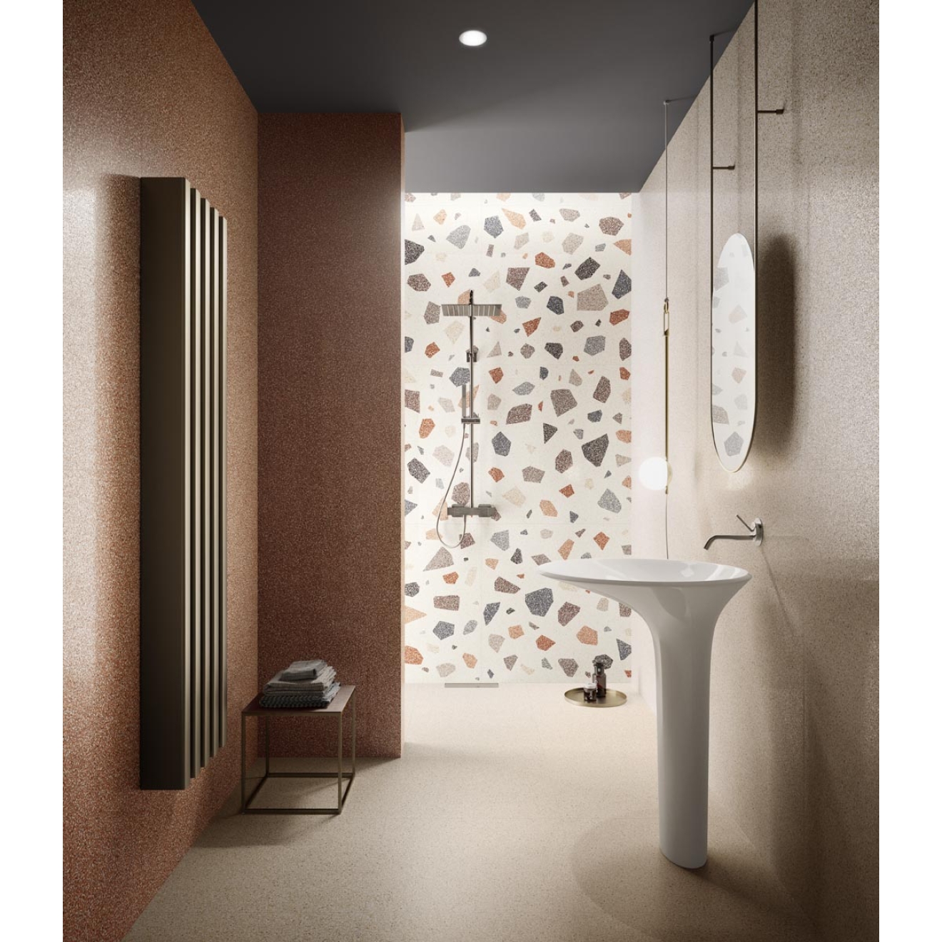 Fliese Sant Agostino Newdeco in der Farbe Sand verlegt in einem Badezimmer