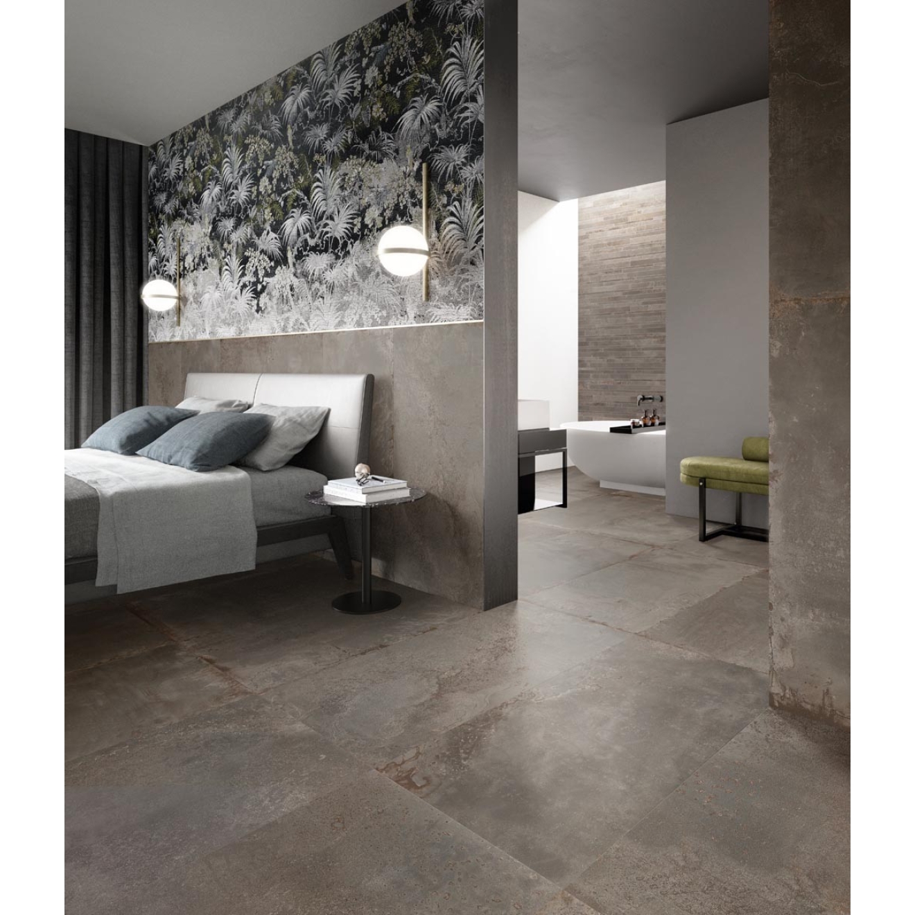 Fliese Sant Agostino Oxidart in der Farbe Iron verlegt in einem Schlafzimmer und einem Badezimmer