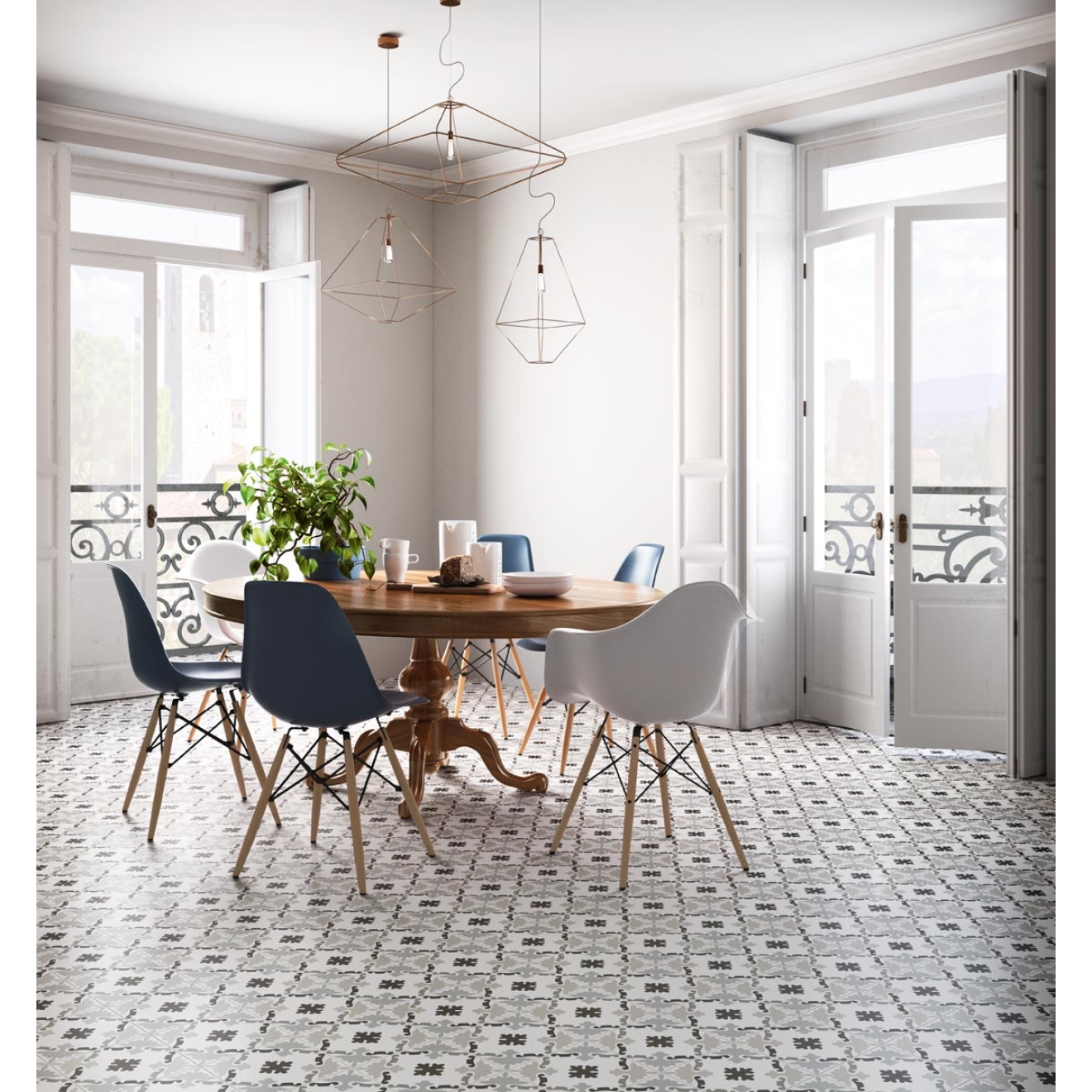 Fliese Sant Agostino Patchwork in der Farbe B&W 3 verlegt in einem Wohnzimmer