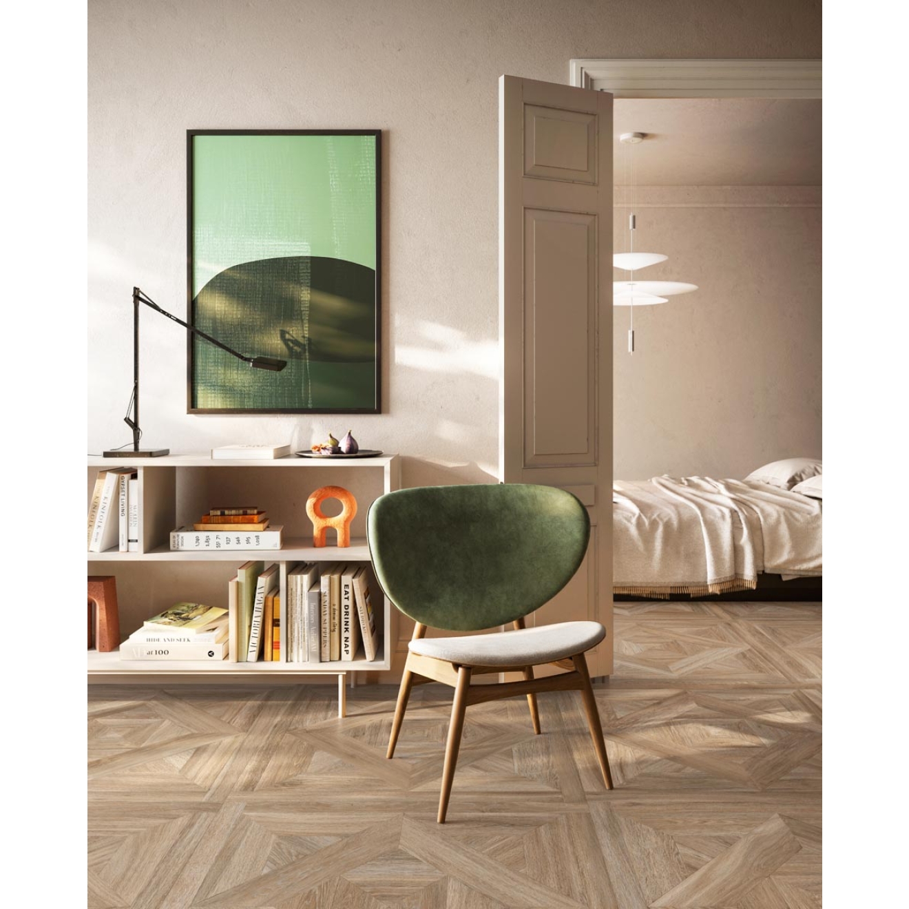 Fliese Sant Agostino Ricordi in der Farbe Glam 2 verlegt in einem Wohnzimmer und Schlafzimmer