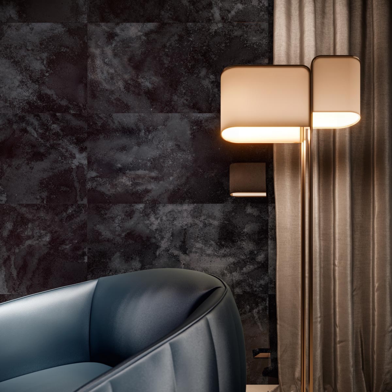 Fliese Sant Agostino Sable in der Farbe Antique 1 verlegt hinter einer Lampe und einem Sessel