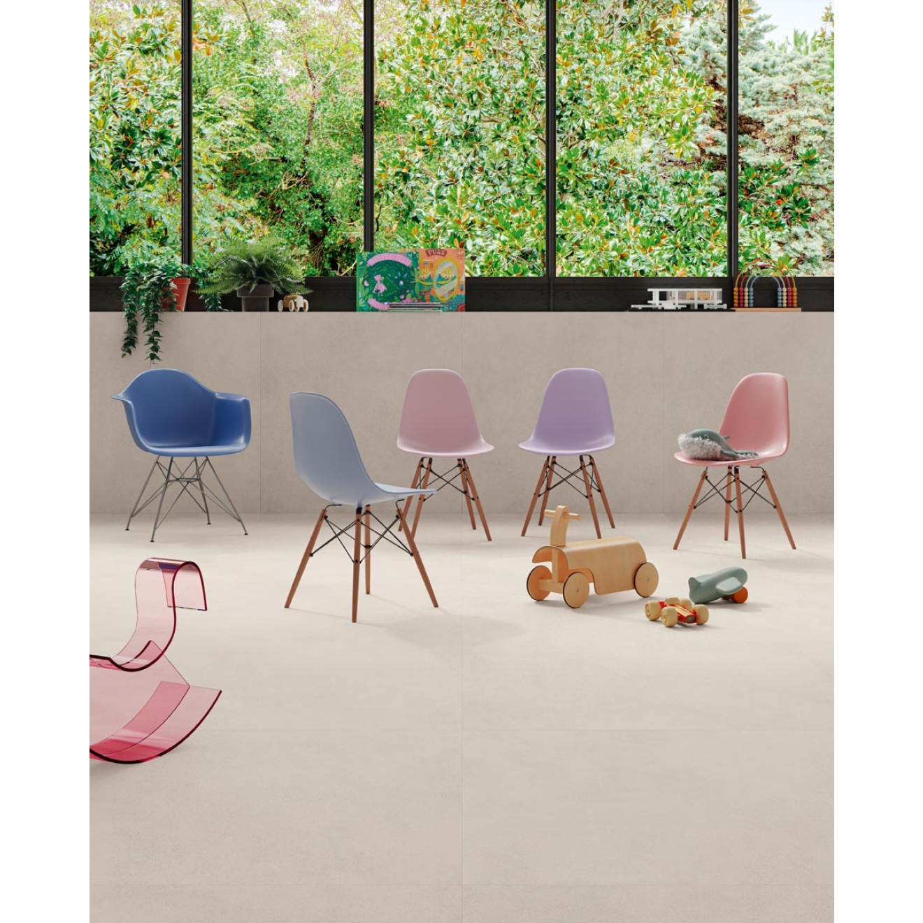 Fliese Sant Agostino Sable in der Farbe Cement verlegt in einem Kindergarten