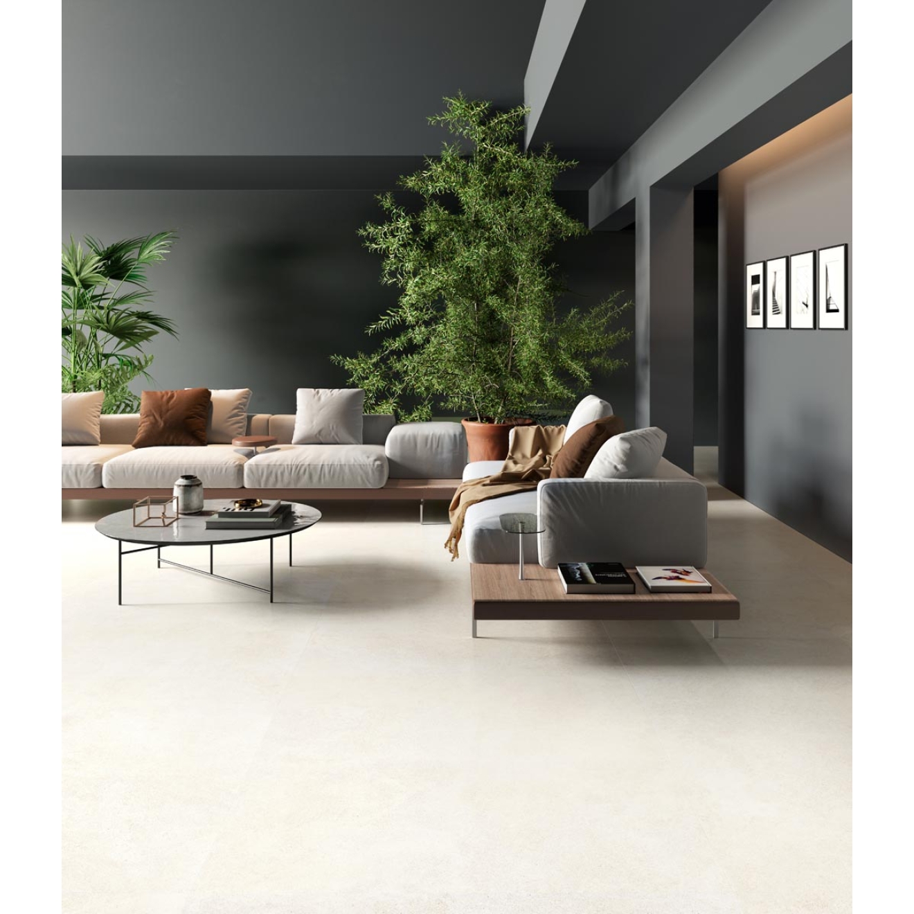 Bodenfliese Sant Agostino Silkystone in der Farbe Light verlegt in einem Wohnzimmer