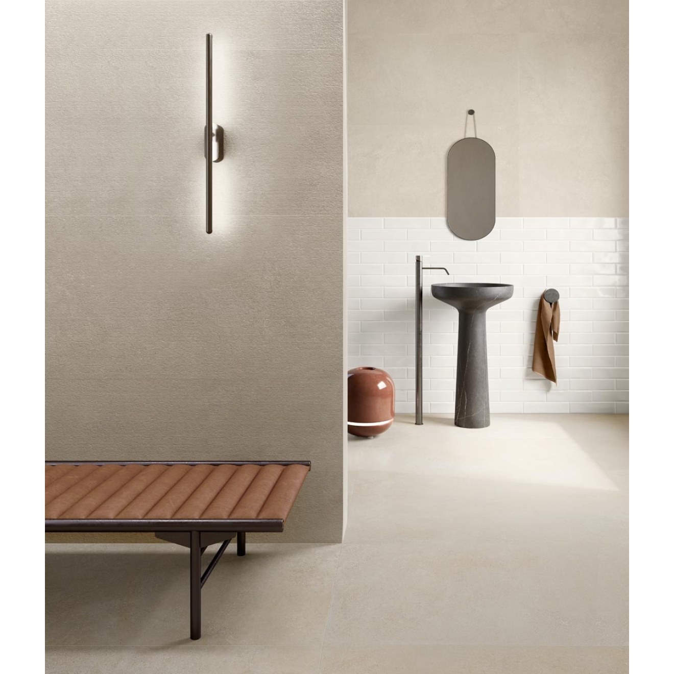 Fliese Sant Agostino Silkystone in der Farbe Sand verlegt in einem Badezimmer