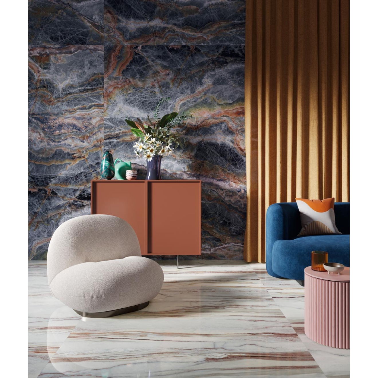 Fliese Sant Agostino Star in der Farbe Marble Indigo verlegt in einem Wohnzimmer