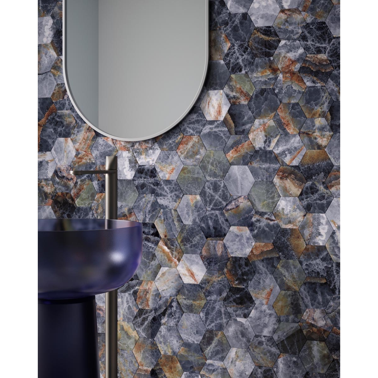 Mosaik Sant Agostino Star in der Farbe Onyx Indigo verlegt hinter einem Waschbecken