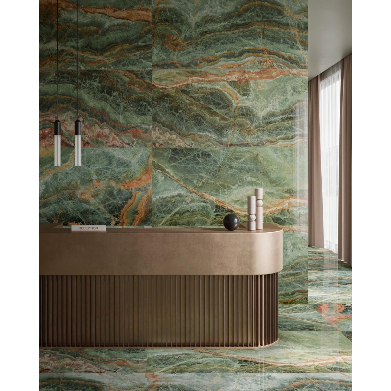 Fliese Sant Agostino Star in der Farbe Onyx Emerald verlegt in einer Hotelrezeption