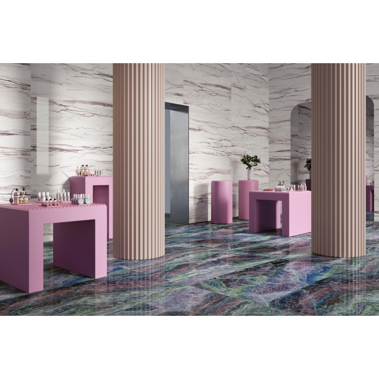 Fliese Sant Agostino Star in der Farbe Onyx Purple verlegt in einem Geschäft