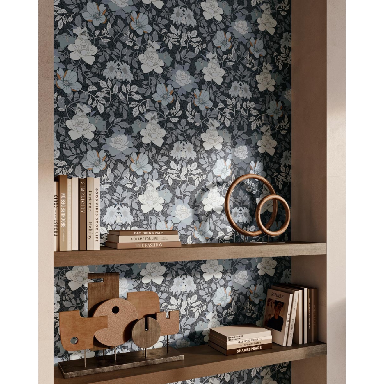 Fliese Sant Agostino Sunwood in der Farbe Jardin 6 verlegt hinter einem Holzregal